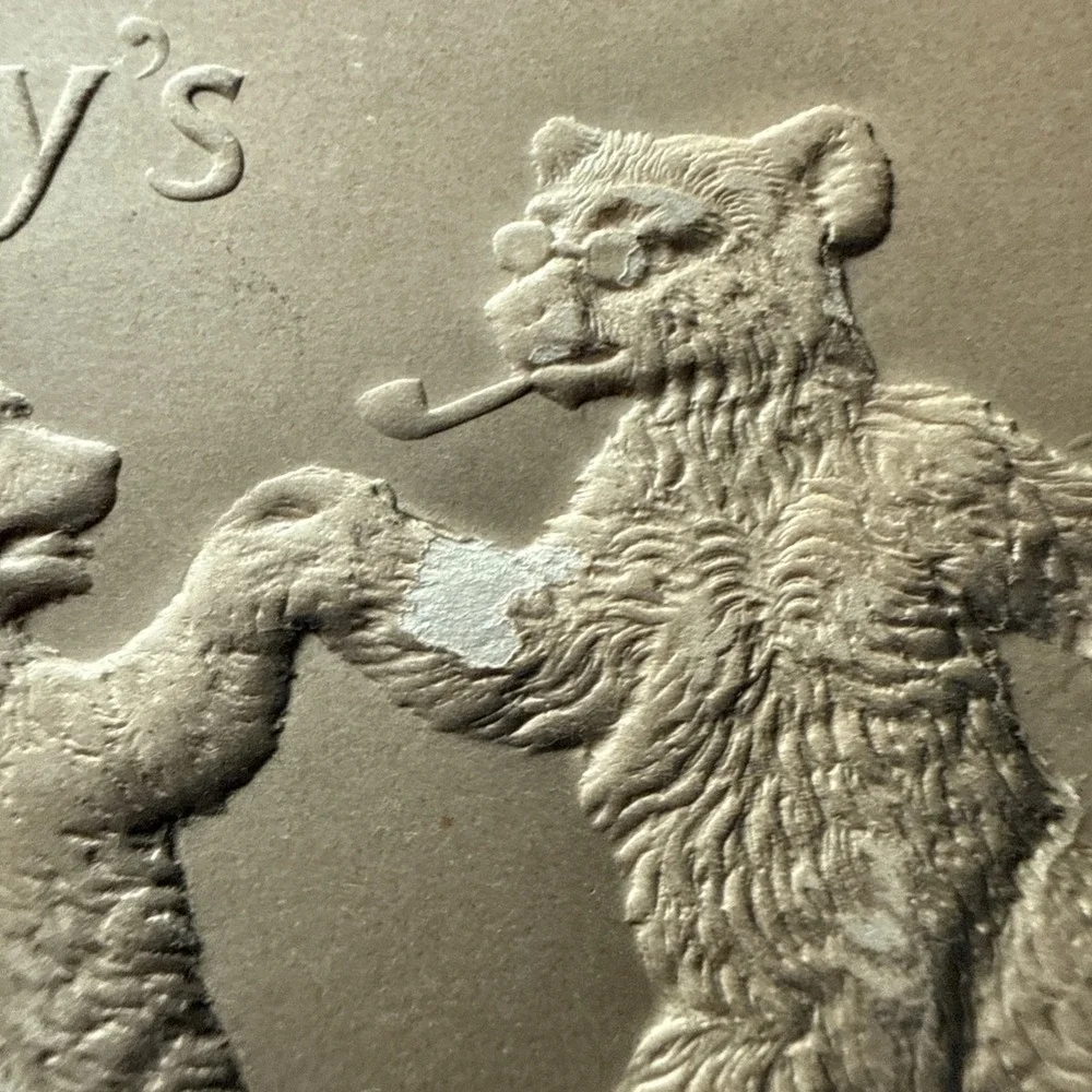 Embossed Airbrushed Postcard Teddy Bears Pipe and Glasses Roosevelt Related